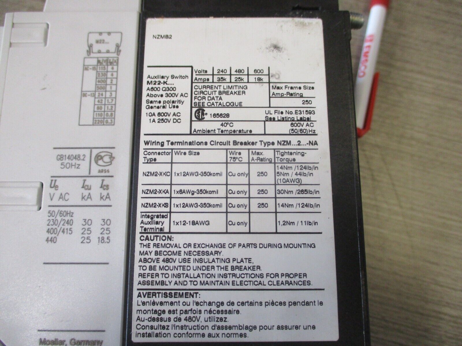 Moeller Circuit Breaker NZM B2-AF60-NA 60A 480V 3P Used.