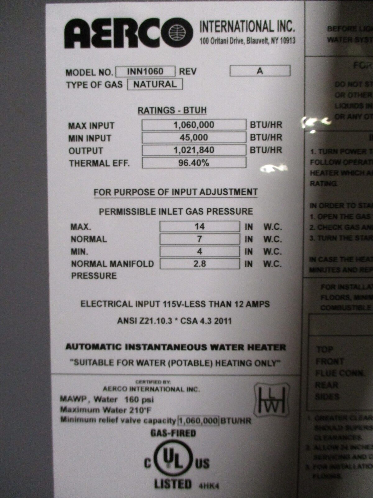 Aero Innovation 1060 Boiler INN1060 Rev. A 12A 115V Natural Gas Used