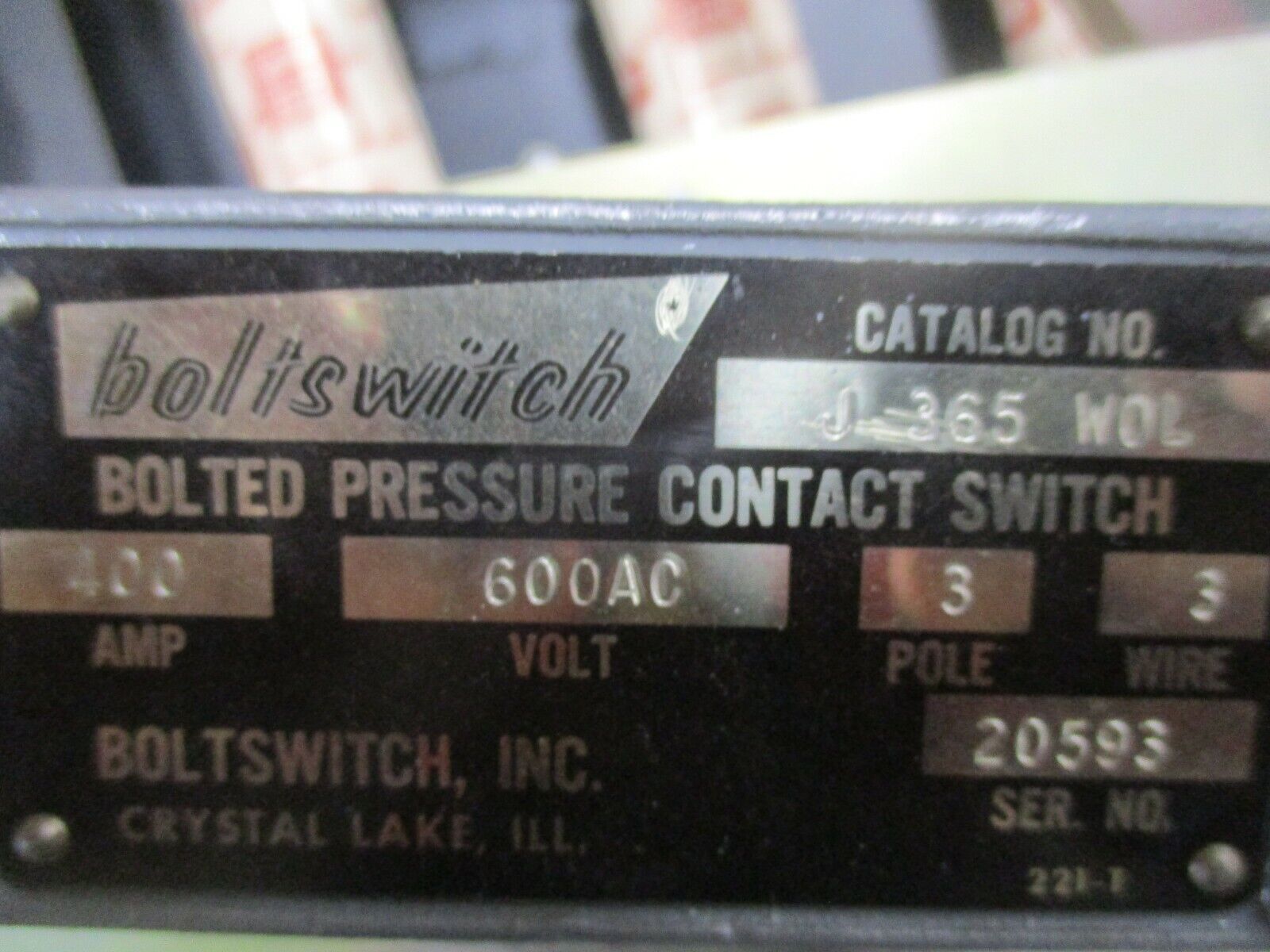 Boltswitch Bolted Pressure Contact Switch J 365WOL 400A 600V 3W 3P Used