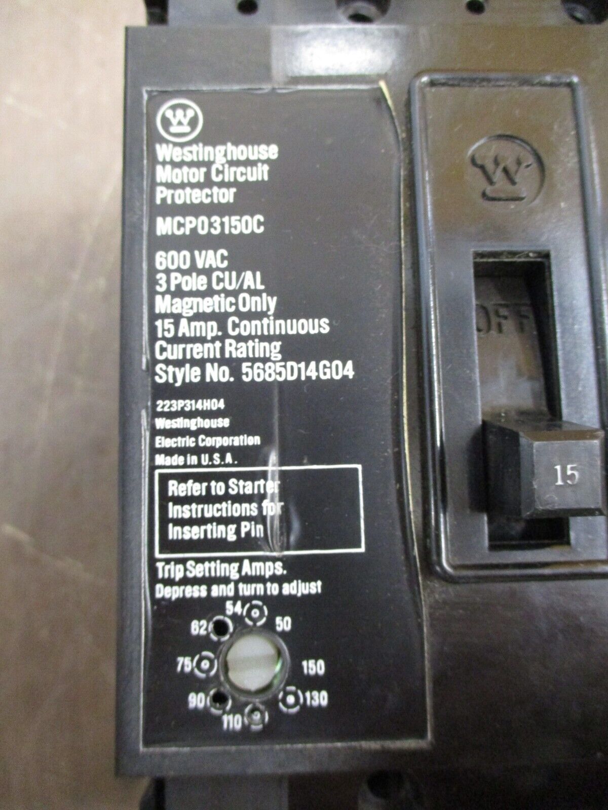 Westinghouse Manual Motor Protector MCP03150C 15A Trip: 50-150A 600V 3P Used