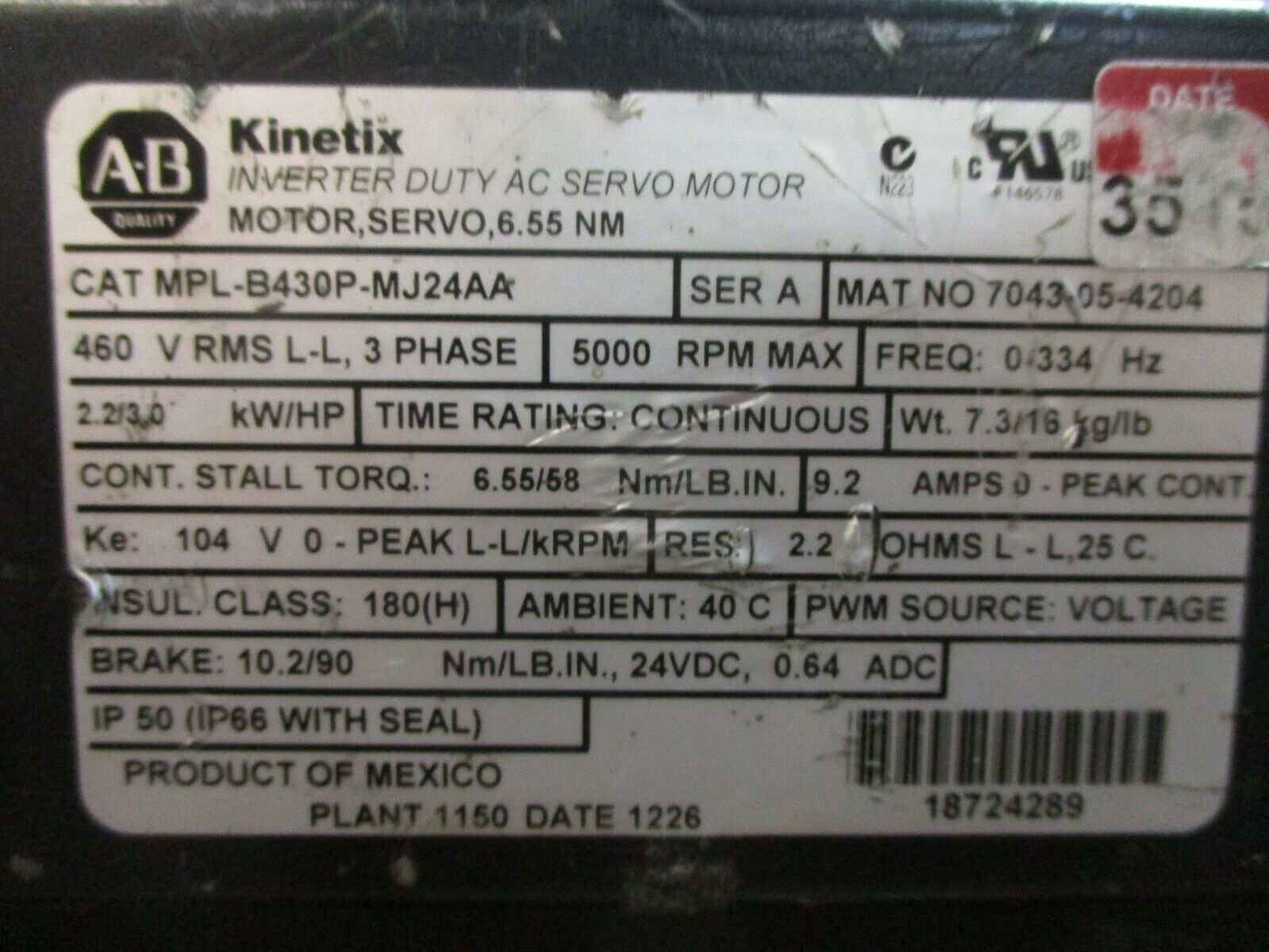 Allen-Bradley Kinetix AC Servo Motor w/ Reducer MPL-B430P-MJ24AA 3HP 3Ph 460V