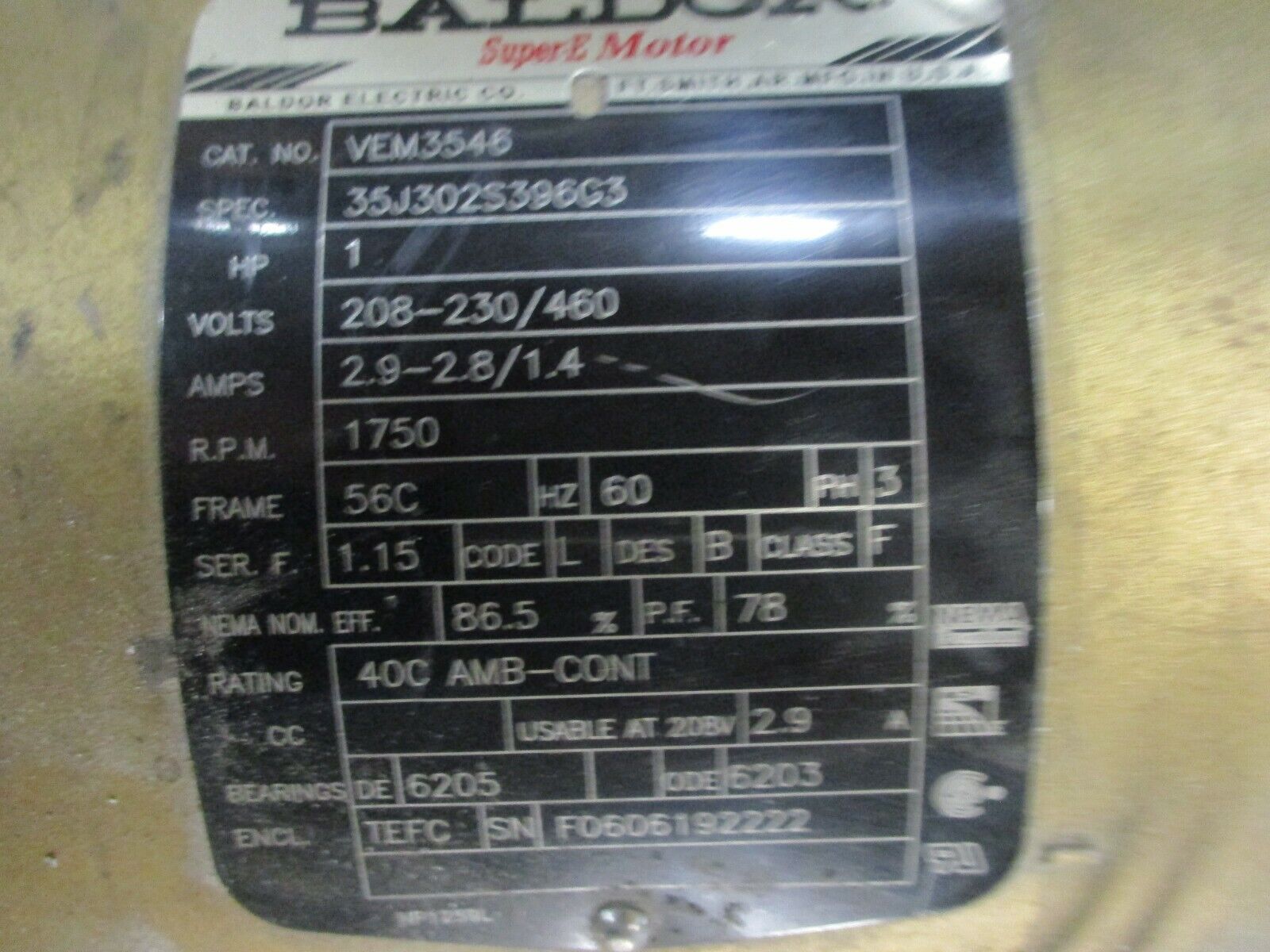 Baldor AC Motor VEM3546 1HP 1800RPM FR: 56C ENCL: TEFC 208-230/460V 2.9-2.8/1.4A