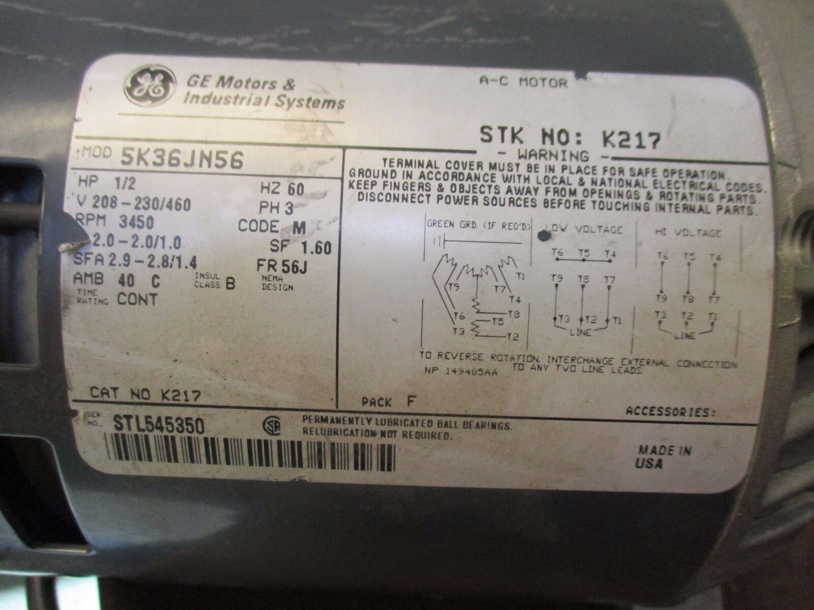 GE Motor 5K36JN56 1/2HP 3450RPM 208-230/460V 2.0-2.0/1.0A New Surplus