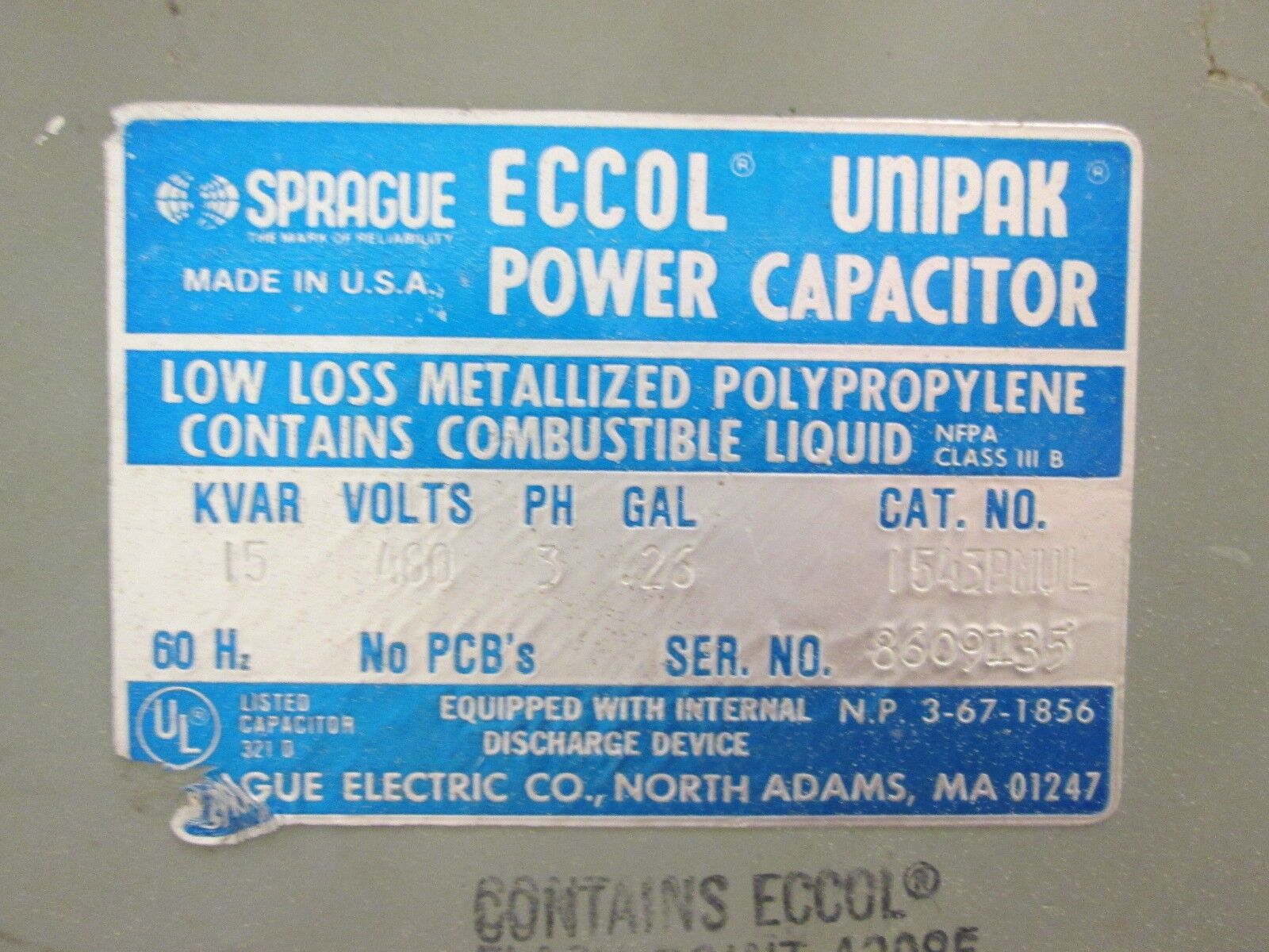 Sprague Eccol Unipak Power Capacitor 1543PMUL 15kvar 480V 3PH 60Hz Used