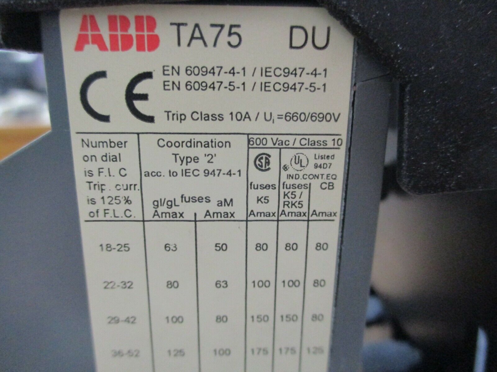 ABB Solid State Overload w/ Din Rail Adapter TA75 DU Trip: 36-52A Used