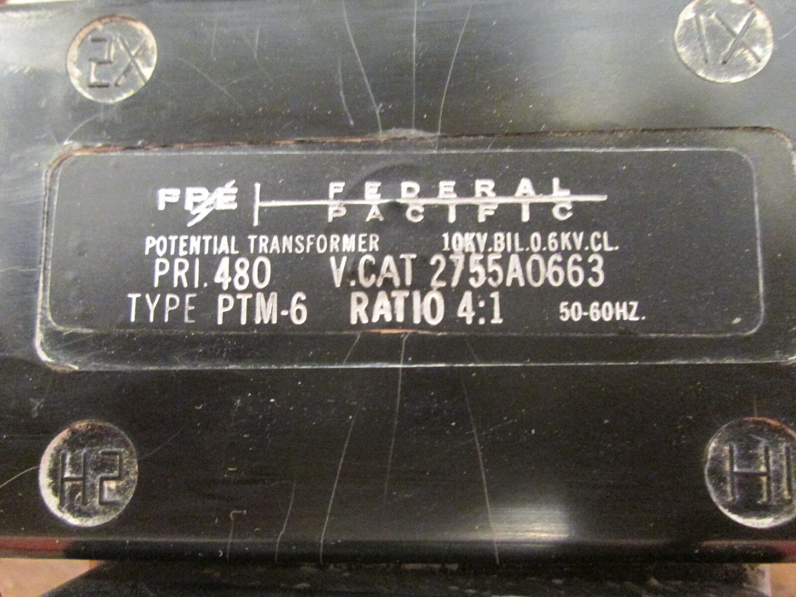 FPE Type PTM-6 Potential Transformer 2755A0663 10KV BIL Ratio 4:1 Pri:480 Used