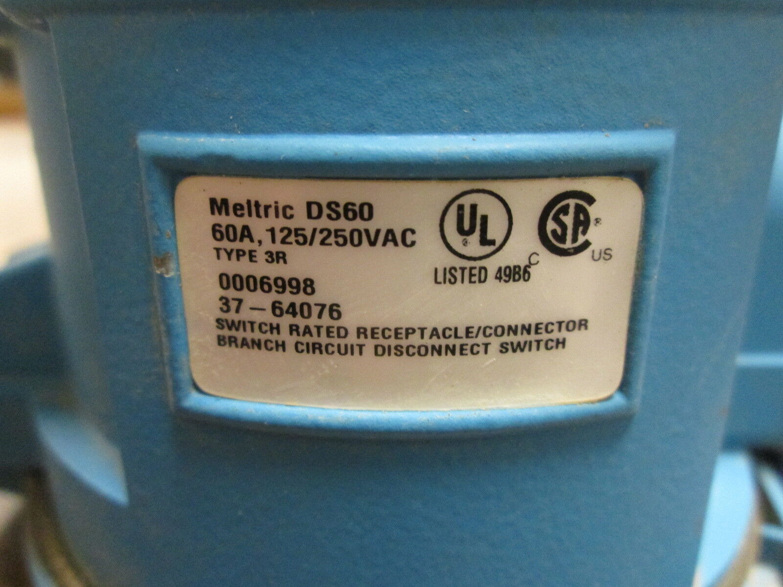 Meltric DS60 Receptacle 37-64076 60A 125/250V Type 3R Used