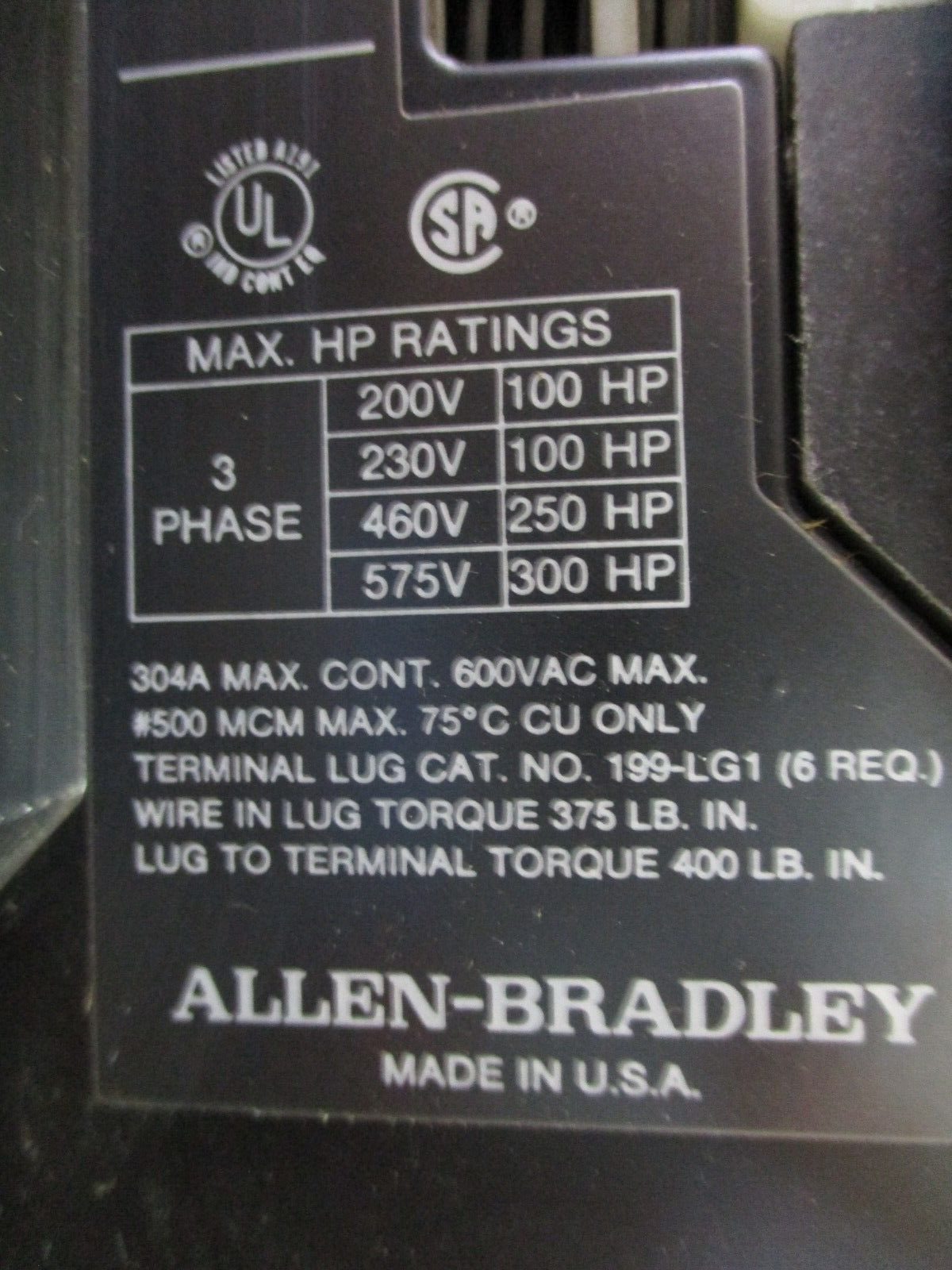 Allen-Bradley Contactor 100-B300N*3 Ser. A 120V Coil 304A 600V Used