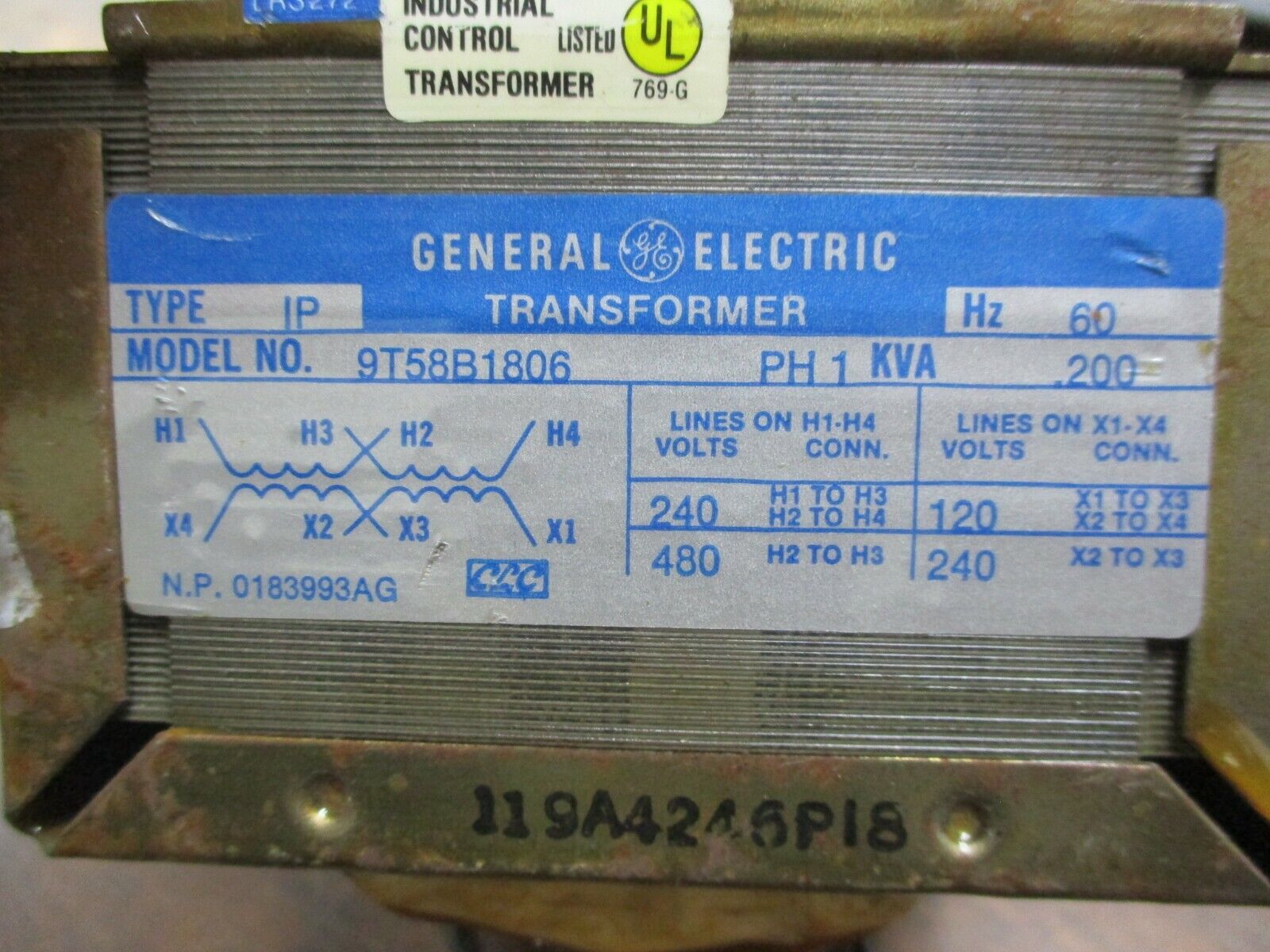 GE Type IP Transformer 9T58B1806 0.200KVA Pri: 240/480V Sec: 120/240V 60Hz 1Ph