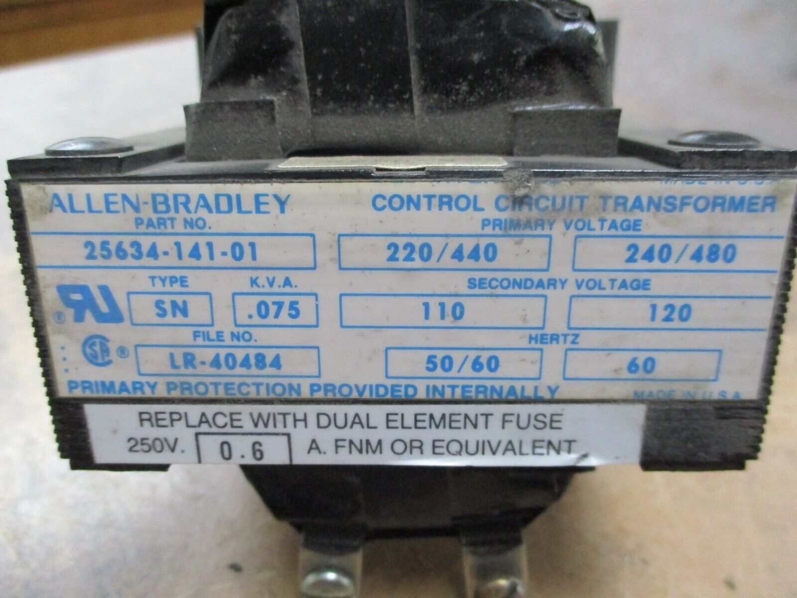 Allen-Bradley Type SN Control Transformer 25634-141-01 0.075KVA Pri: 240/480V