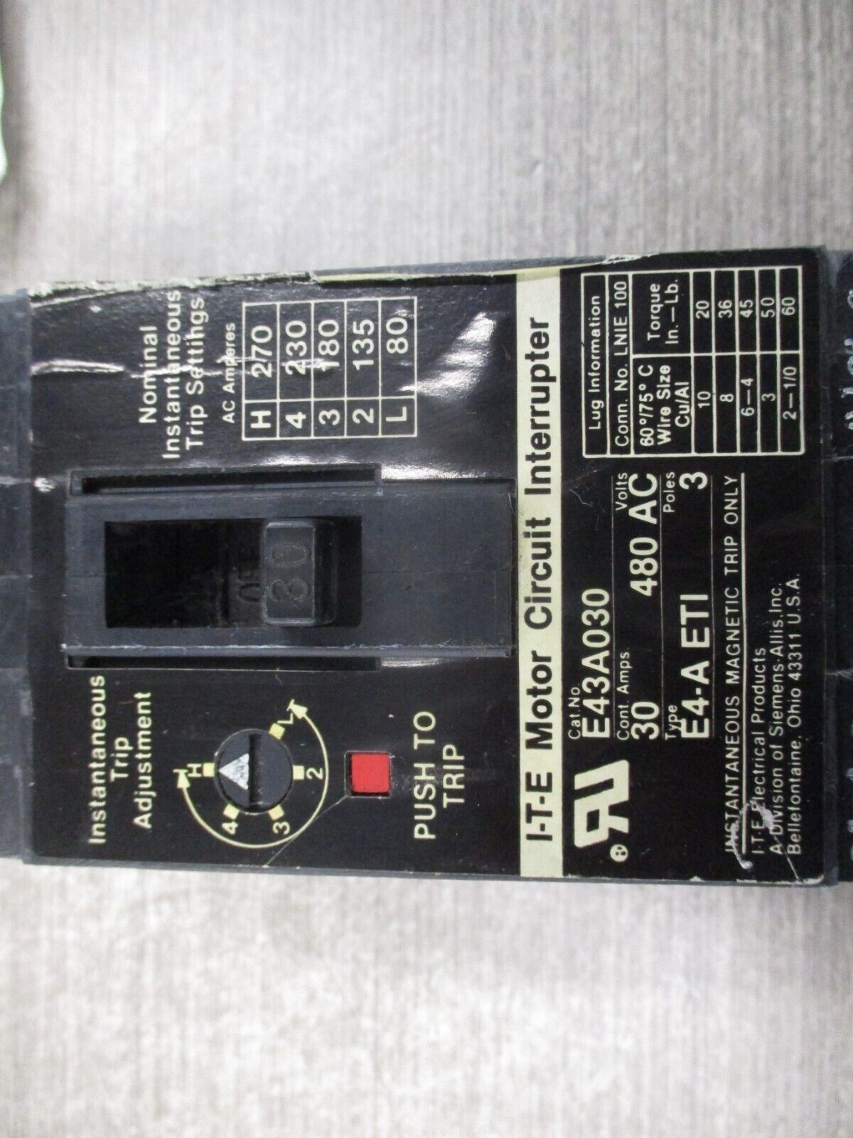 ITE Circuit Breaker E43A030 30A 480V 3P Used