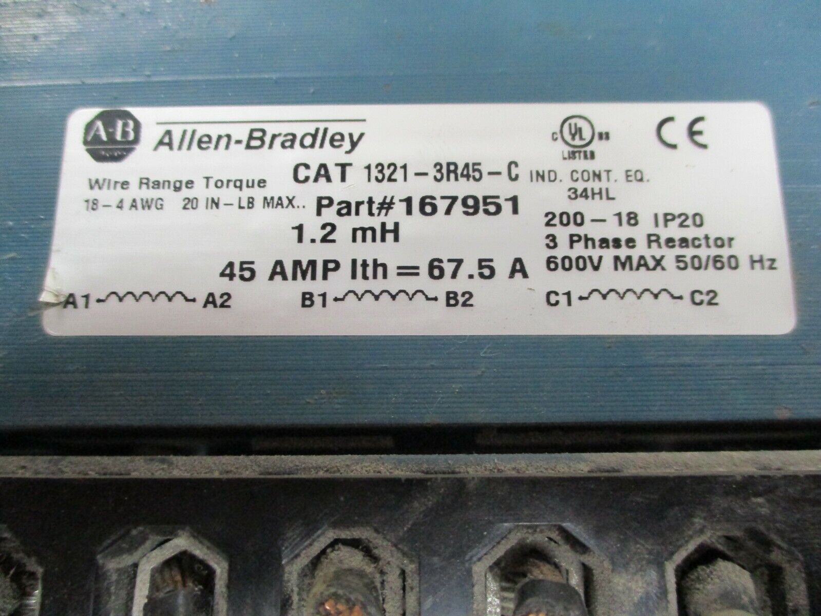 Allen-Bradley 3 Phase Line Reactor 1321-3R45-C 45A 600V 1.2mH Used