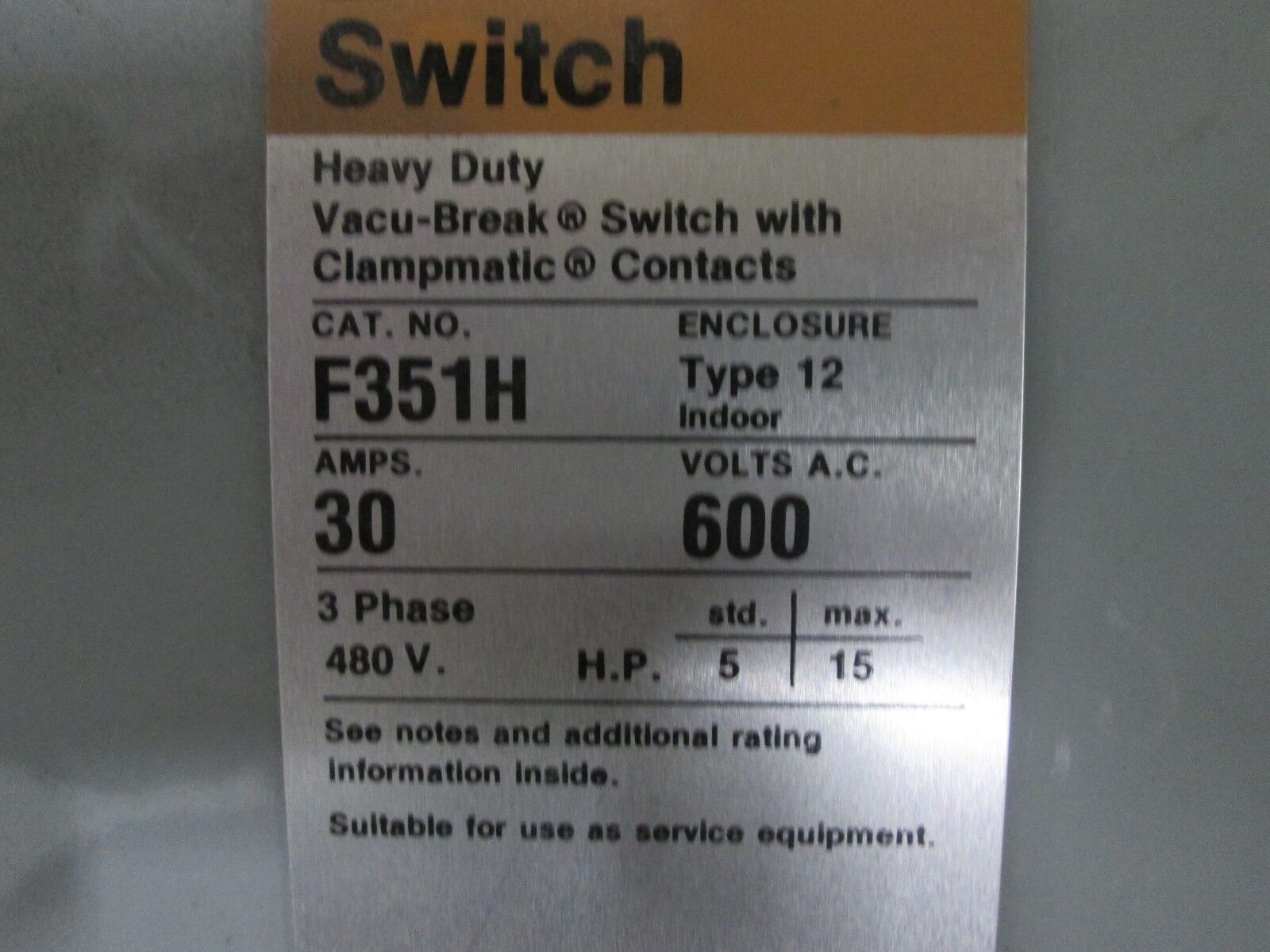 ITE Fusible Safety Switch F351H 30A 600V NEMA 12 Enclosure Used