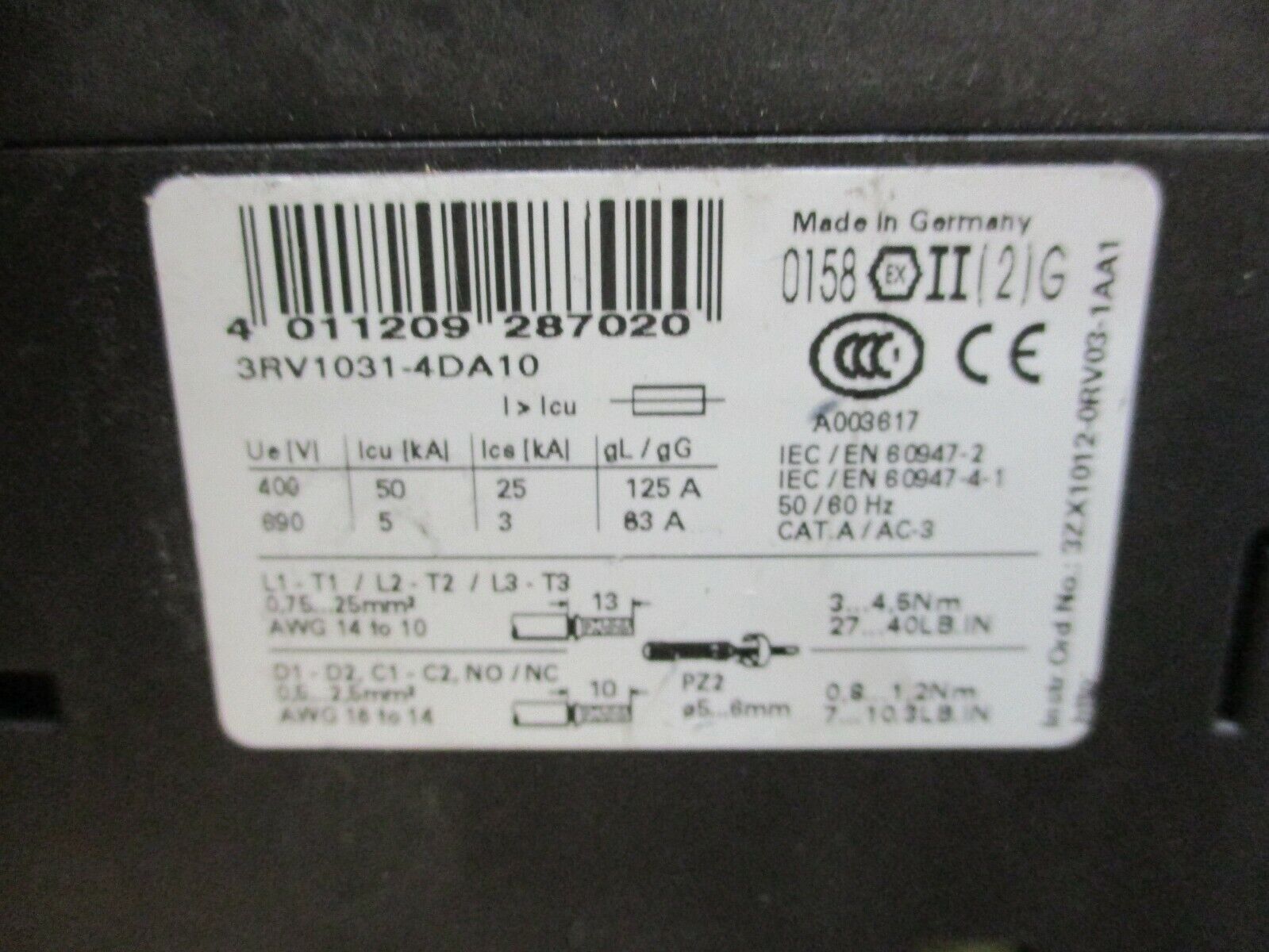 Siemens Sirius Motor Protector 3RV1031-4DA10 Trip: 18-25A Used