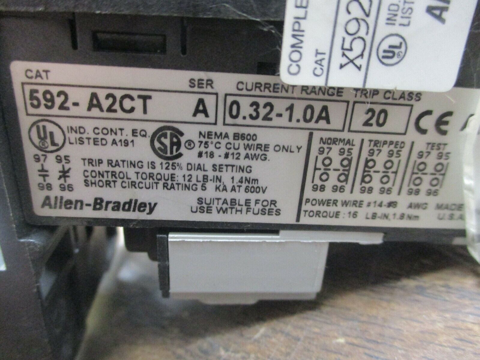 Allen-Bradley Solid State Overload 592-A2CT Trip: 0.32-1.0A w/ DIN Rail Adapter