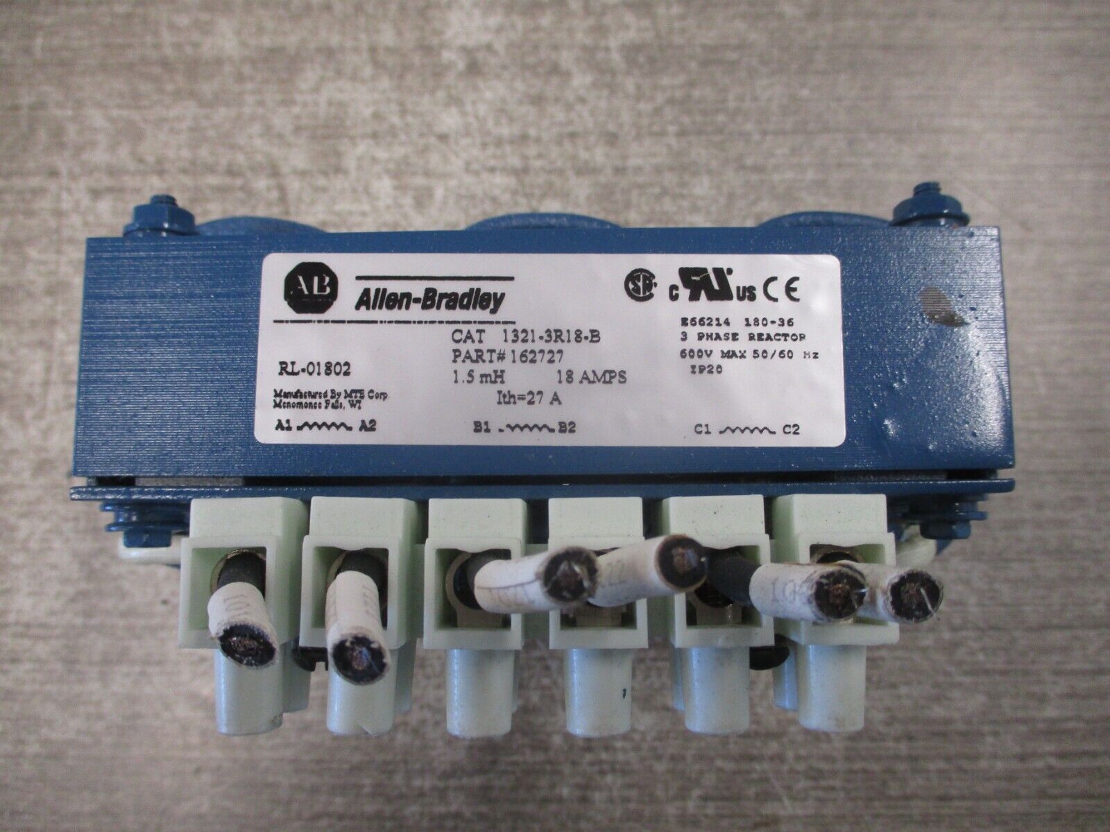 Allen-Bradley 1321-3R18-B 3Ph Reactor 162727 1.5mH 18A 600V 50/60Hz Used