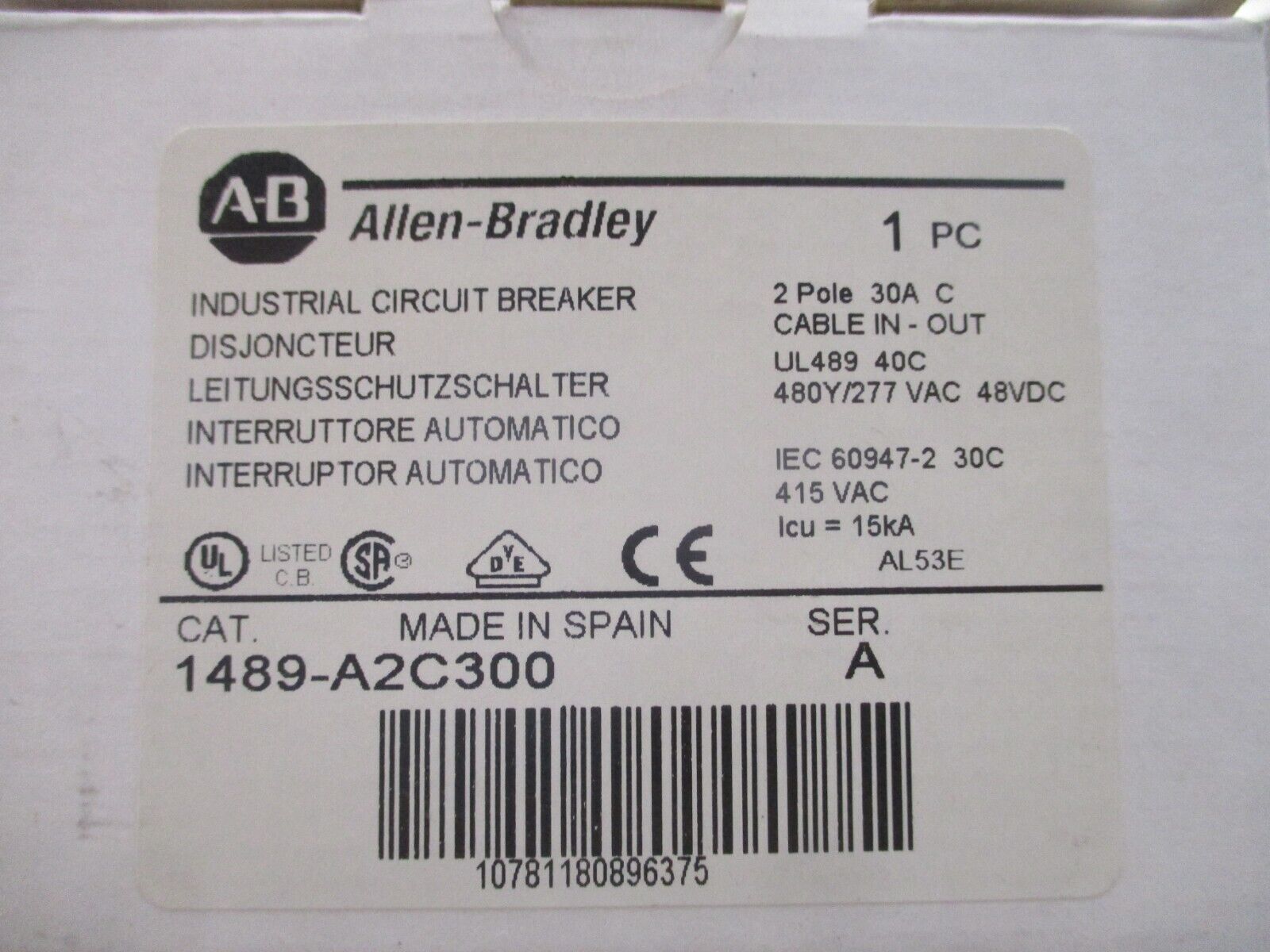 Allen-Bradley Circuit Breaker 1489-A2C300 Ser. A 30A 2P 480y/277V New Surplus