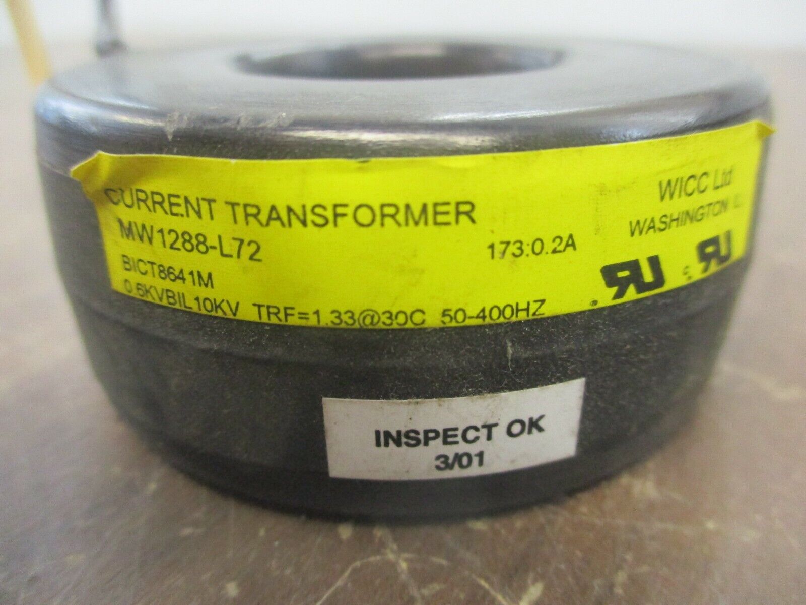 WICC Current Transformer MW1288-L72 Ratio 173:0.2A 600V 50-400Hz 10kV BIL Used