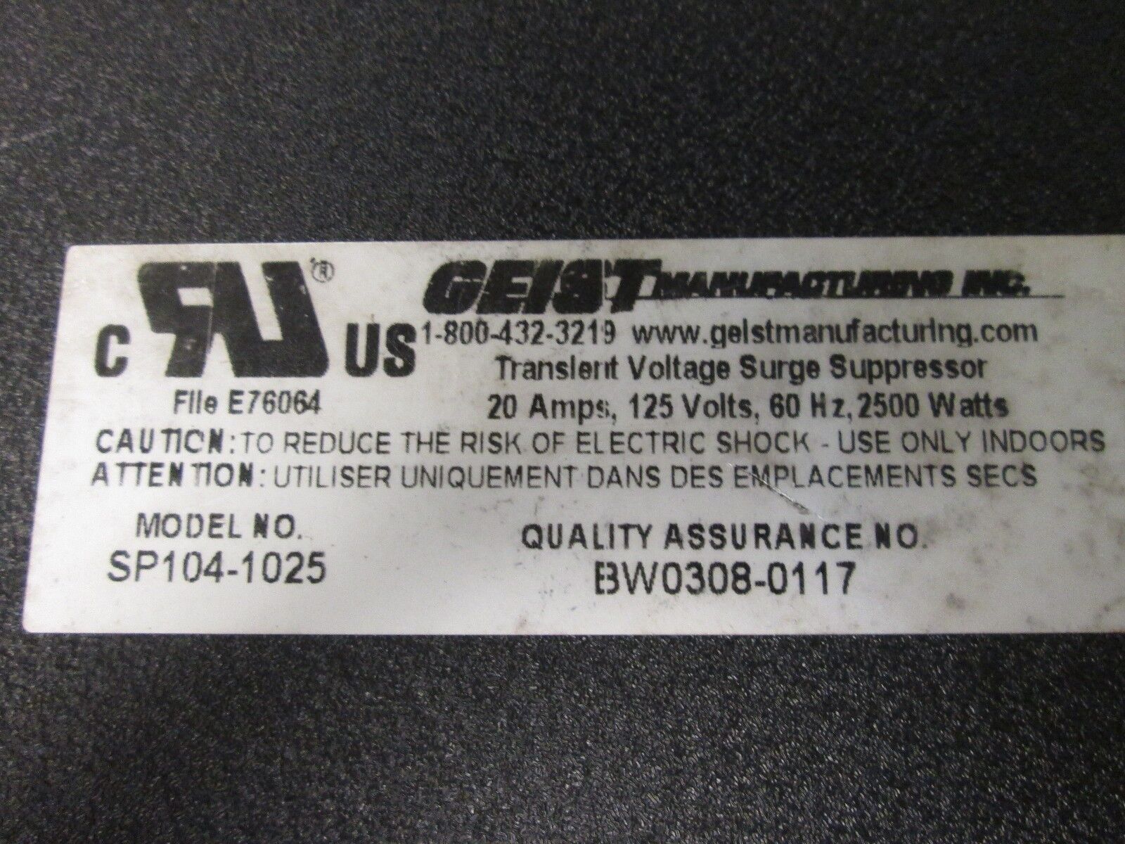 Geist Surge Suppressor Strip SP104-1025 20A 125V 60Hz Used