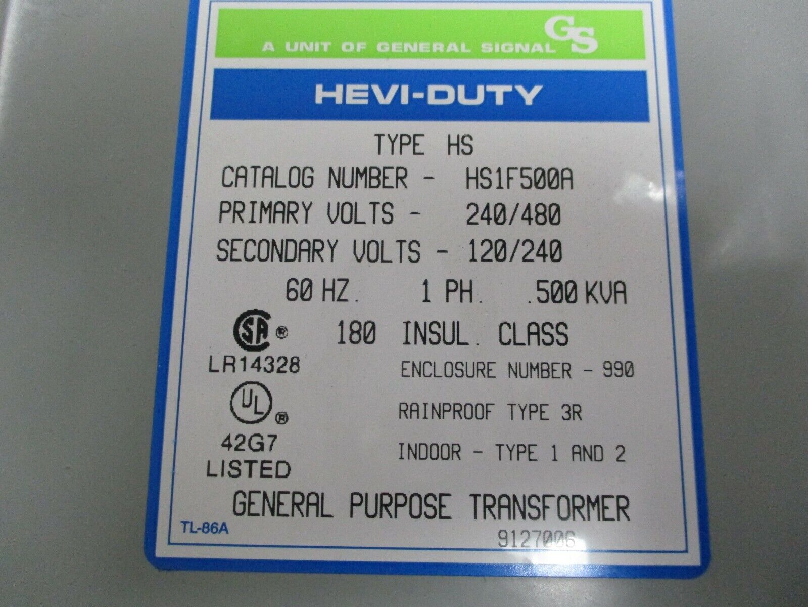 Hevi-Duty Type HS Transformer HS1F500A 0.500kVA Pri: 240/480V Sec: 120/240V Used