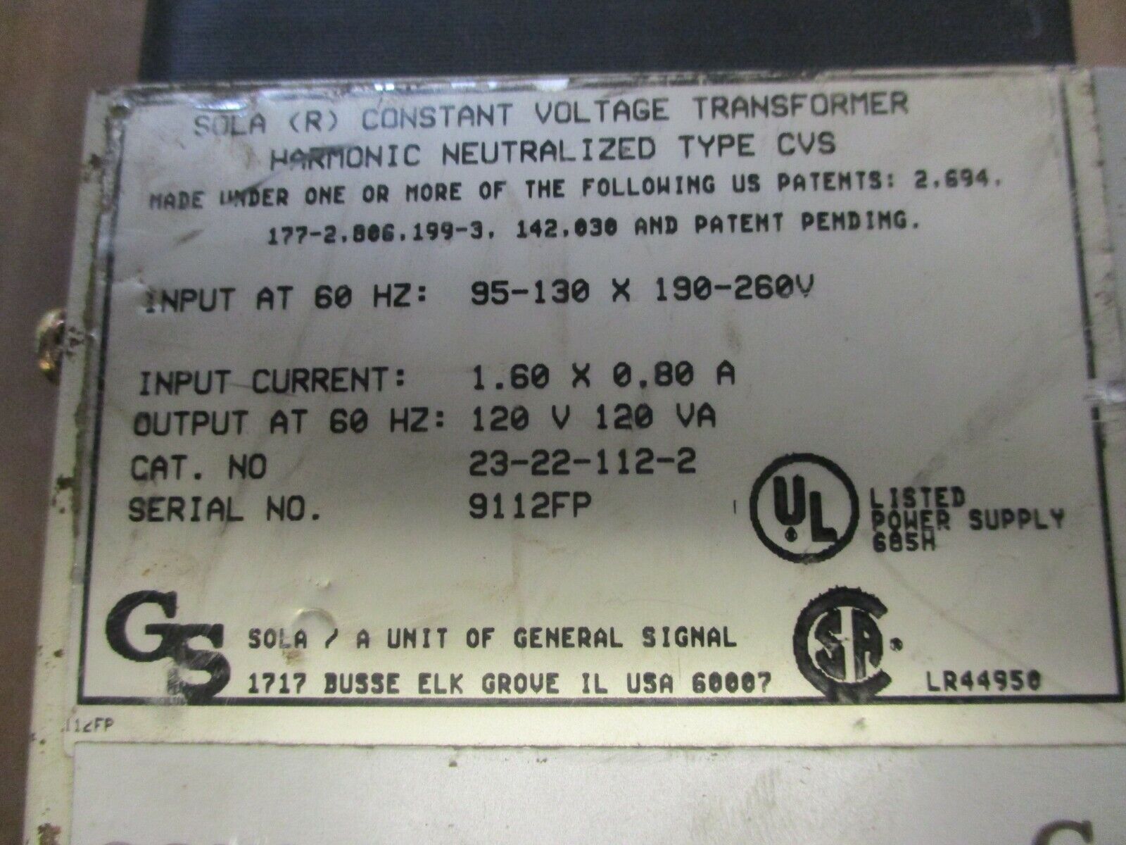 Sola Constant Voltage Transformer 23-22-112-2 *Missing Cover* Used