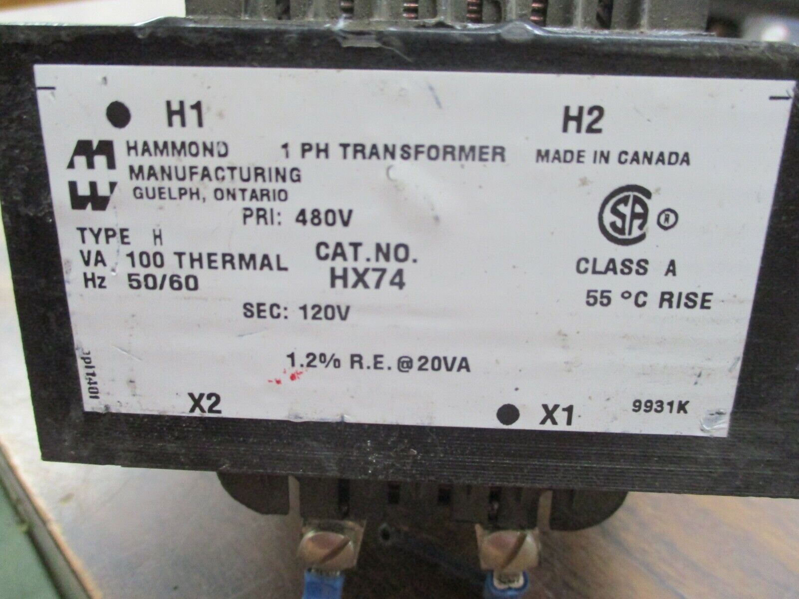 Hammond Transformer HX74 100VA Pri: 480V Sec: 120V 50/60Hz 1Ph Used