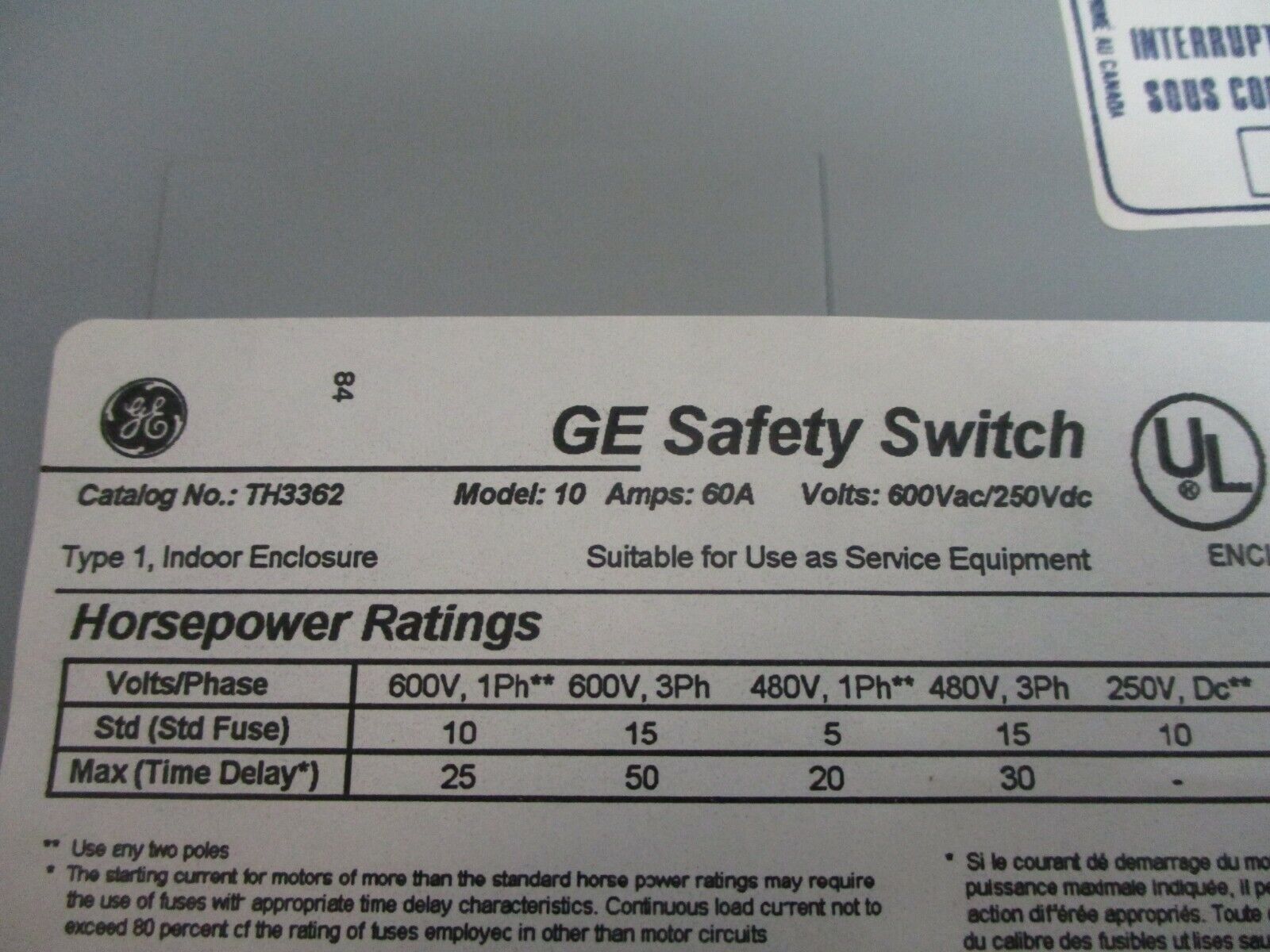 GE Fusible Safety Switch / Disconnect TH3362 Model 10 60A 600V 3P New Surplus