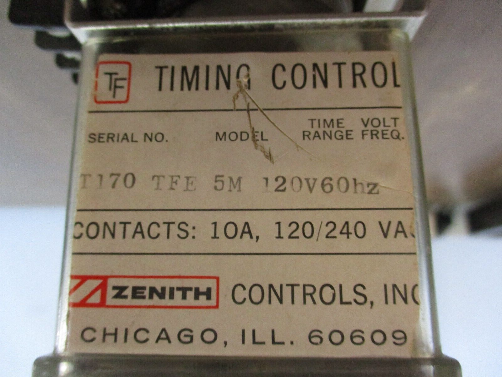 Zenith TF Timing Control TFE-5M Range: 0-5 Min 120V 60Hz Used