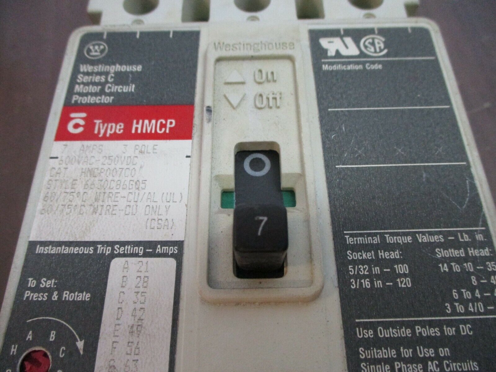 Westinghouse Circuit Breaker HMCP007C0 7A 600V 3P Used