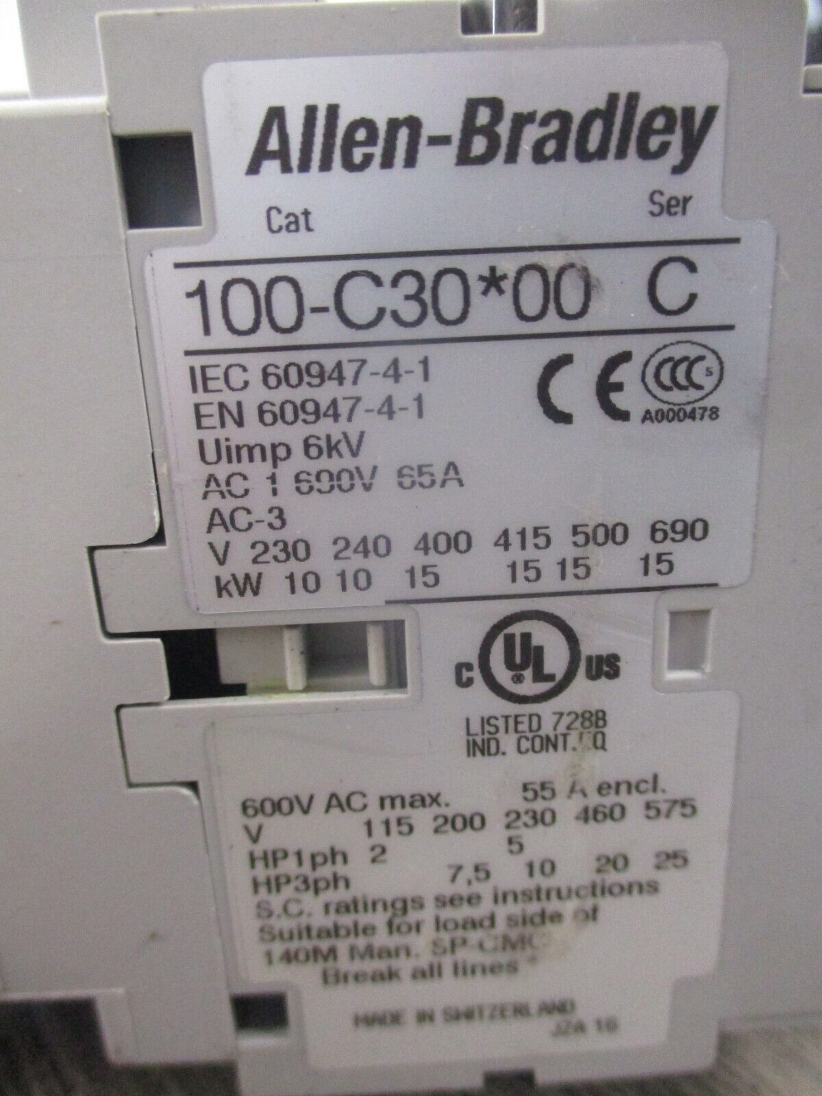 Allen-Bradley Reversing Contactor 100-C30*00 Ser. C 24V Coil 55A 600V Used