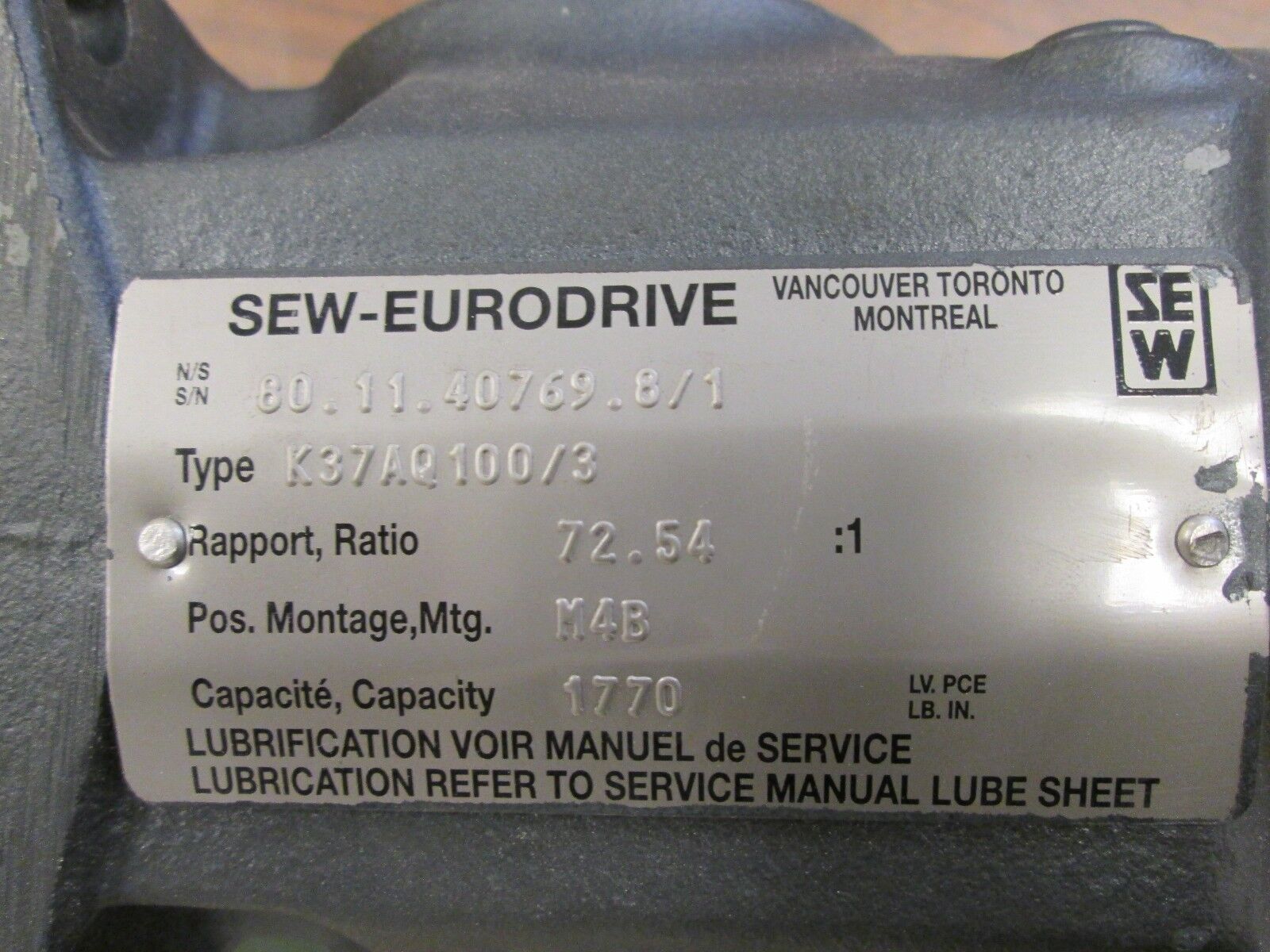 Sew-EuroDrive Gear K37AQ100/3 Ratio 72.54:1 Capacity 1770 Used