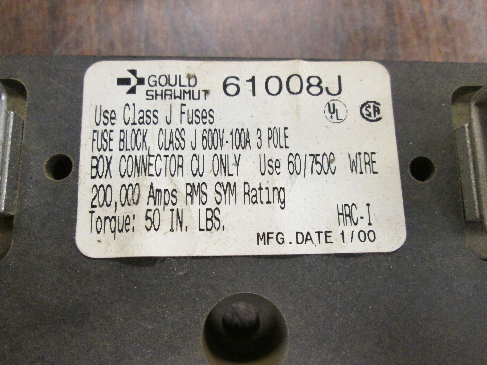 Gould  Fuse Block  61008J  100A  600V  3P  Used