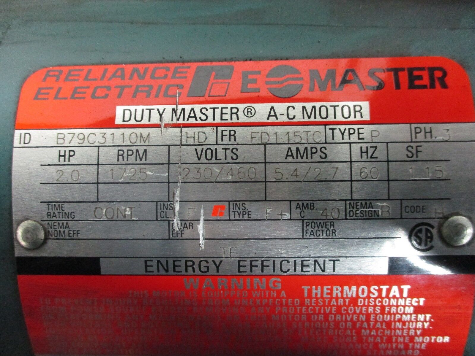 Reliance Duty Master AC Motor B79C3110M-HD 2.0HP 1800RPM FR:FD115TC 5.4/2.7A