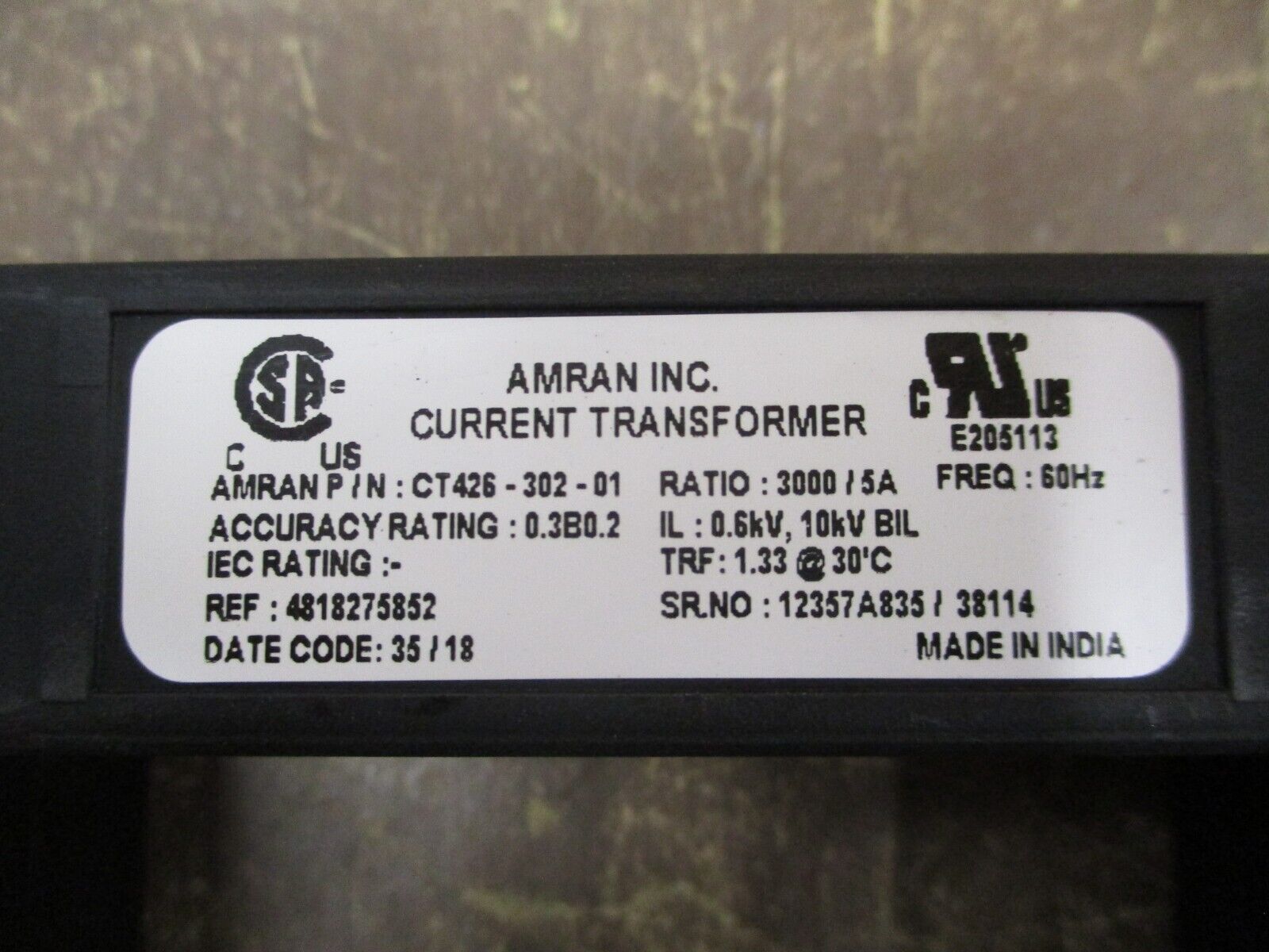 Amran Current Transformer CT426-302-01 Ratio 3000:5A 600V 60Hz 10kV BIL Used