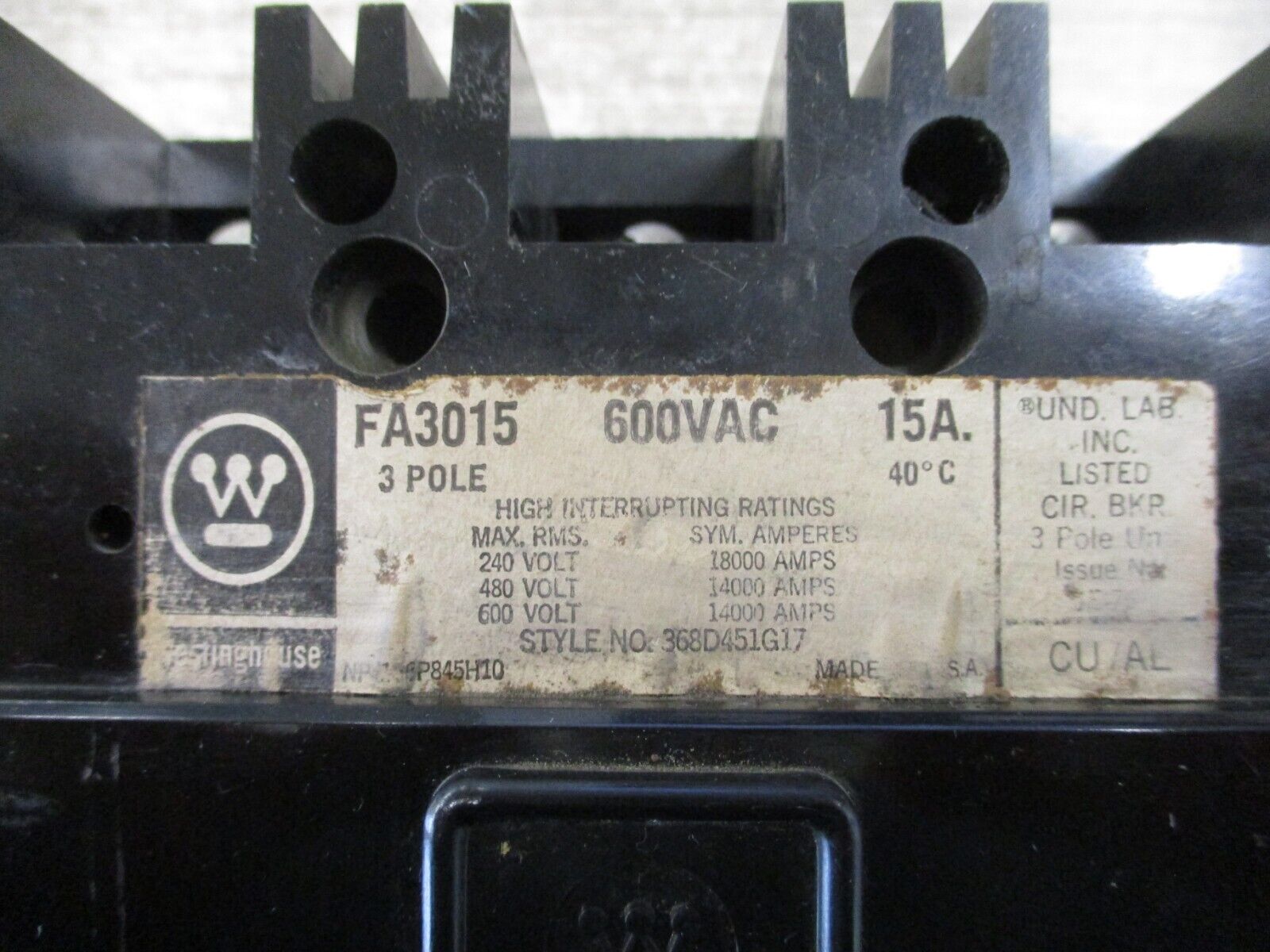 Westinghouse Circuit Breaker FA3015 15A 600V 3P Used