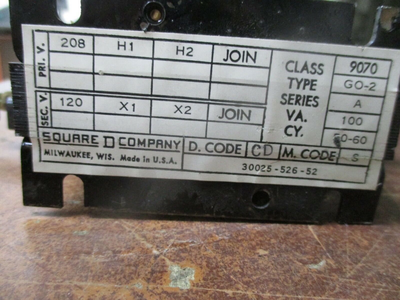 Square D Transformer 9070 GO-2 A 100VA Pri: 208V Sec: 120V 50-60Hz Used