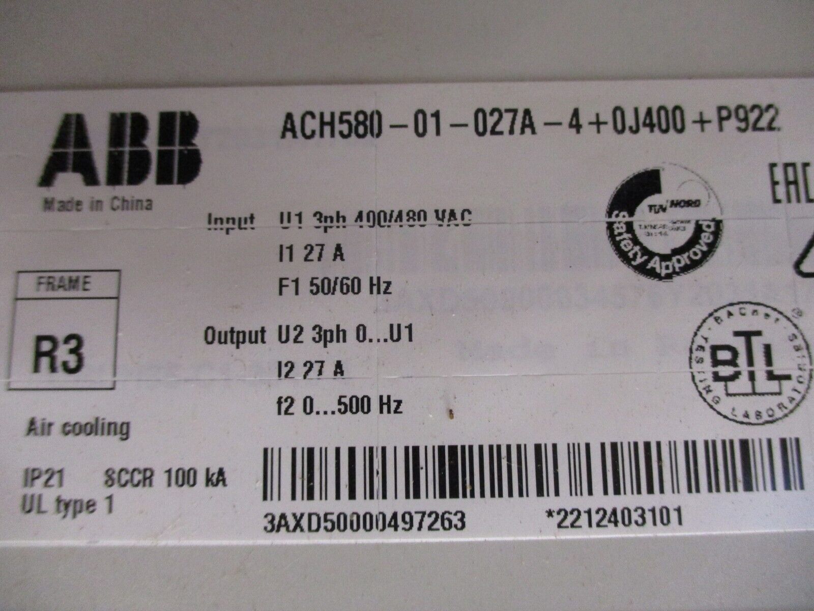 ABB ACH580 AC Drive ACH580-01-027A-4+0J400+P922 20HP 3Ph w/ Keypad Used