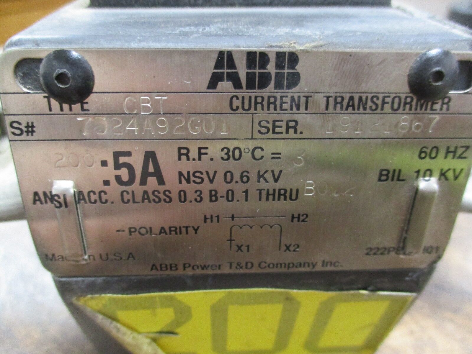 ABB Type CBT Current Transformer 7524A92G01 Ratio 200:5A 600V 60Hz 10KV BIL Used