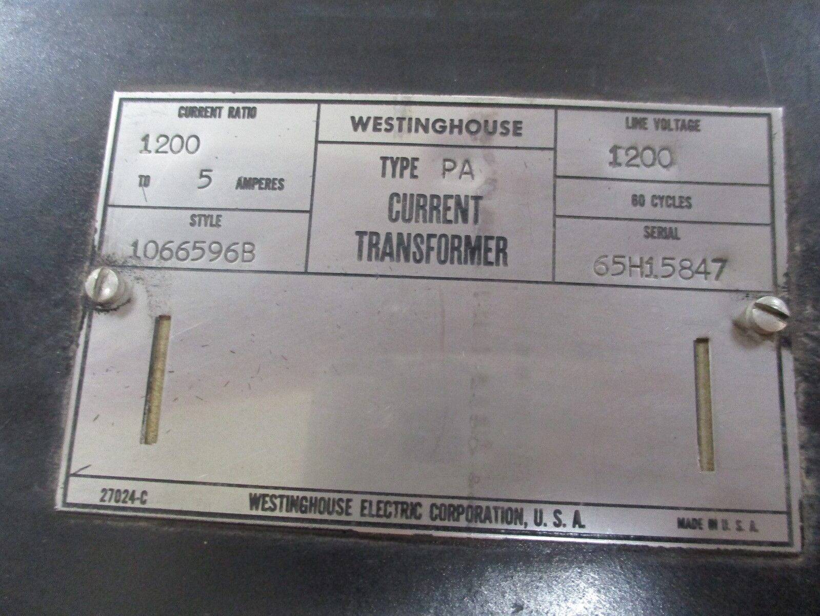 Westinghouse Type PA Current Transformer 1066596B Ratio 1200:5A 1200V 60Hz Used