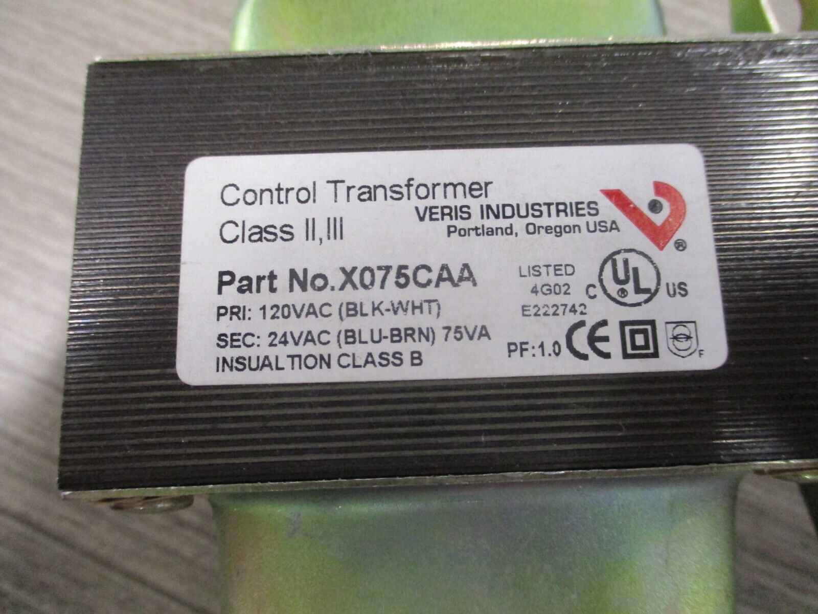 Veris Control Transformer X075CAA 75VA Pri: 120V Sec: 24V Used