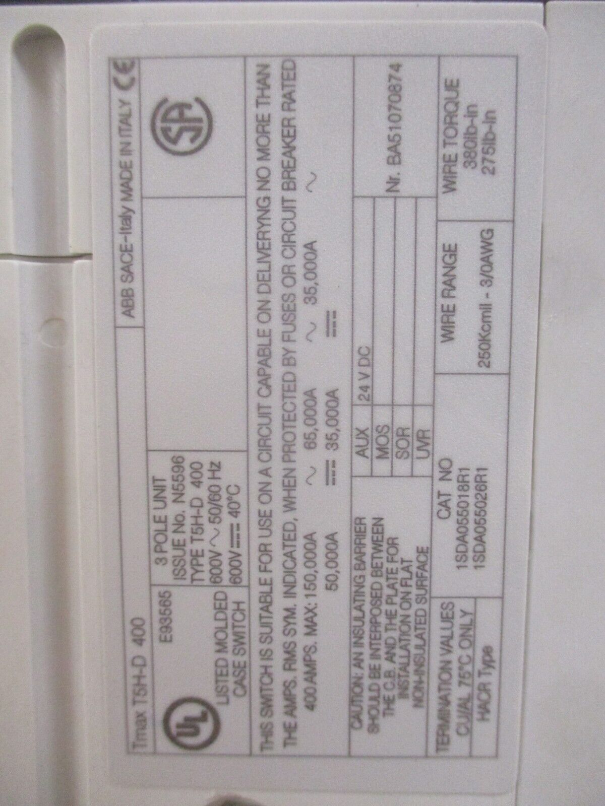 ABB SACE Tmax Circuit Breaker T5H-D400 400A 600V 3P Used