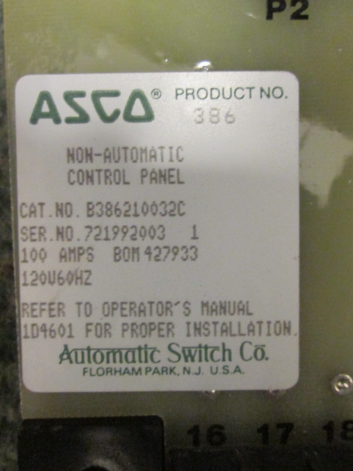 ASCO Non-Automatic Control Panel B386210032C 100A 120V Used