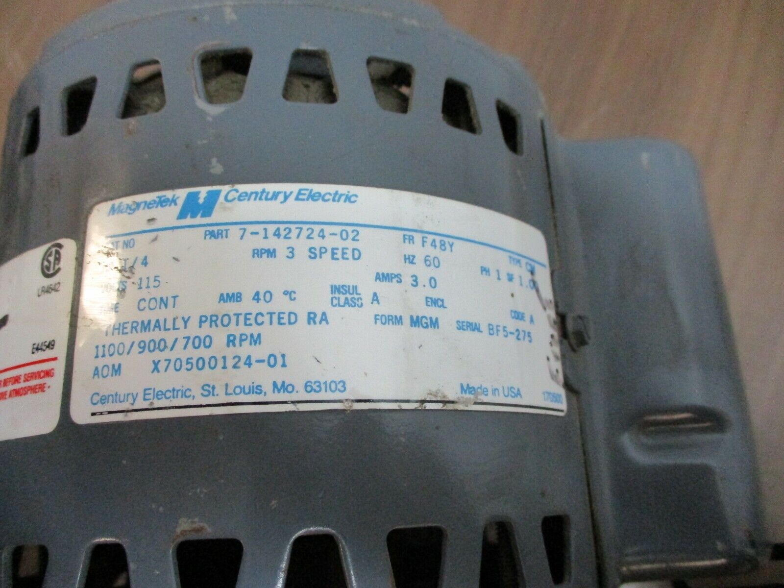 MagneTek Gearmotor 7-142724-02 1/4HP 1200 RPM 115V 3A 1Ph 60Hz Used