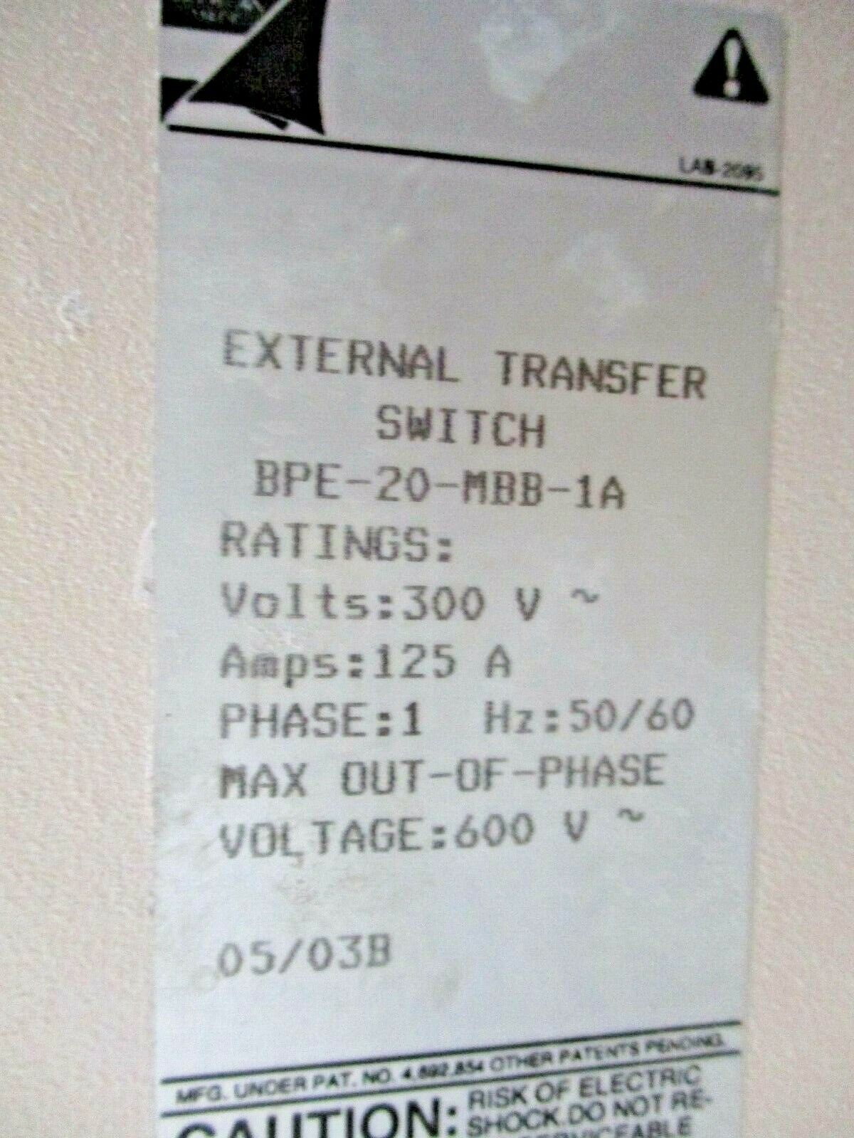 TUV / GS External Transfer Switch BPE-20-MBB-1A 300V 125A 1Ph 50/60Hz Used