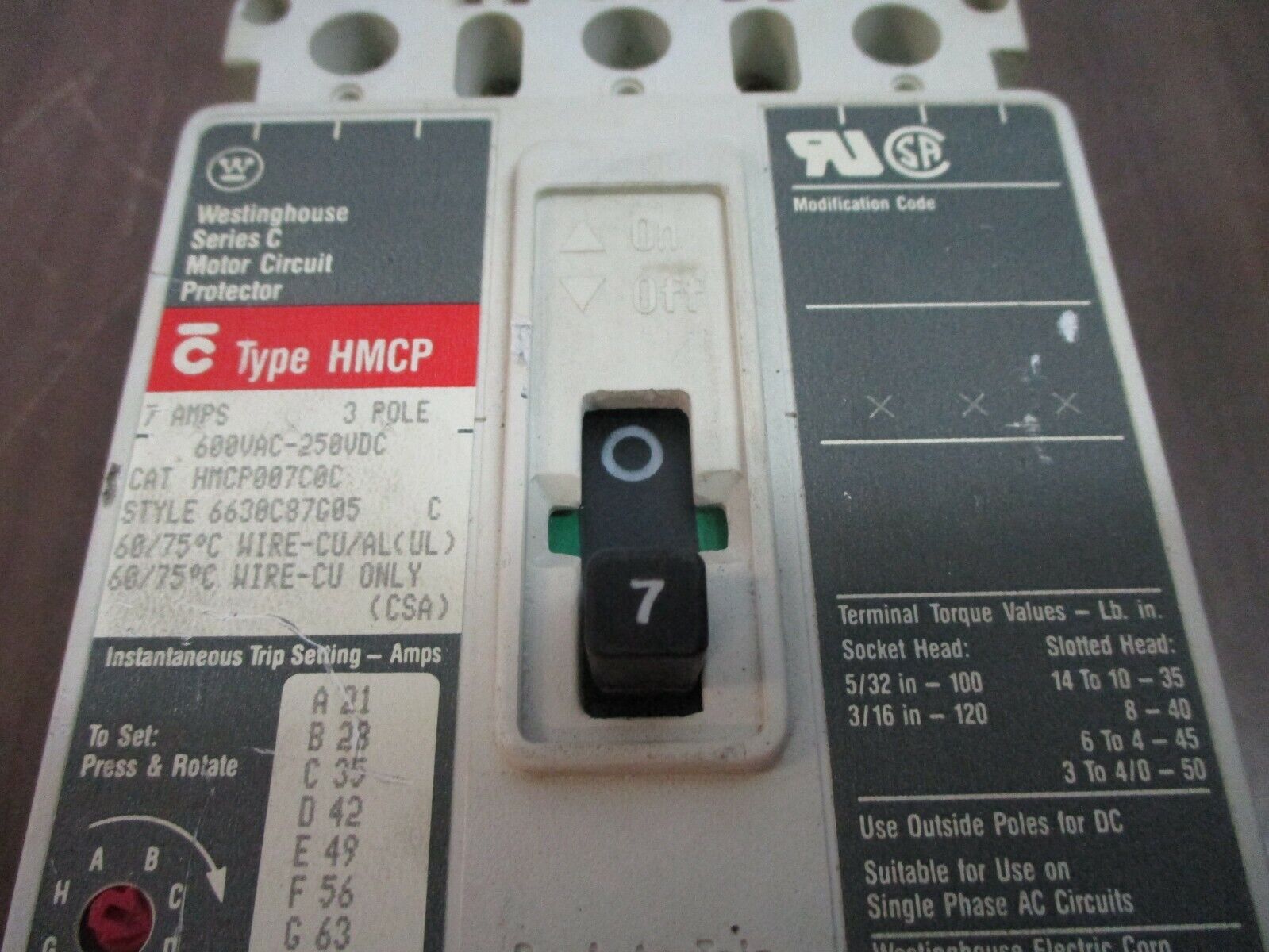 Westinghouse Circuit Breaker HMCP007C0C 7A 600V 3P Used