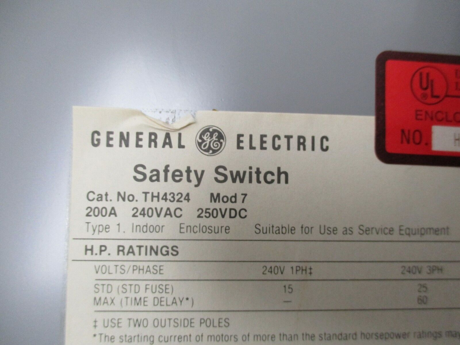 GE Fusible Safety Switch/Disconnect TH4324 Mod 7 200A 240V Used