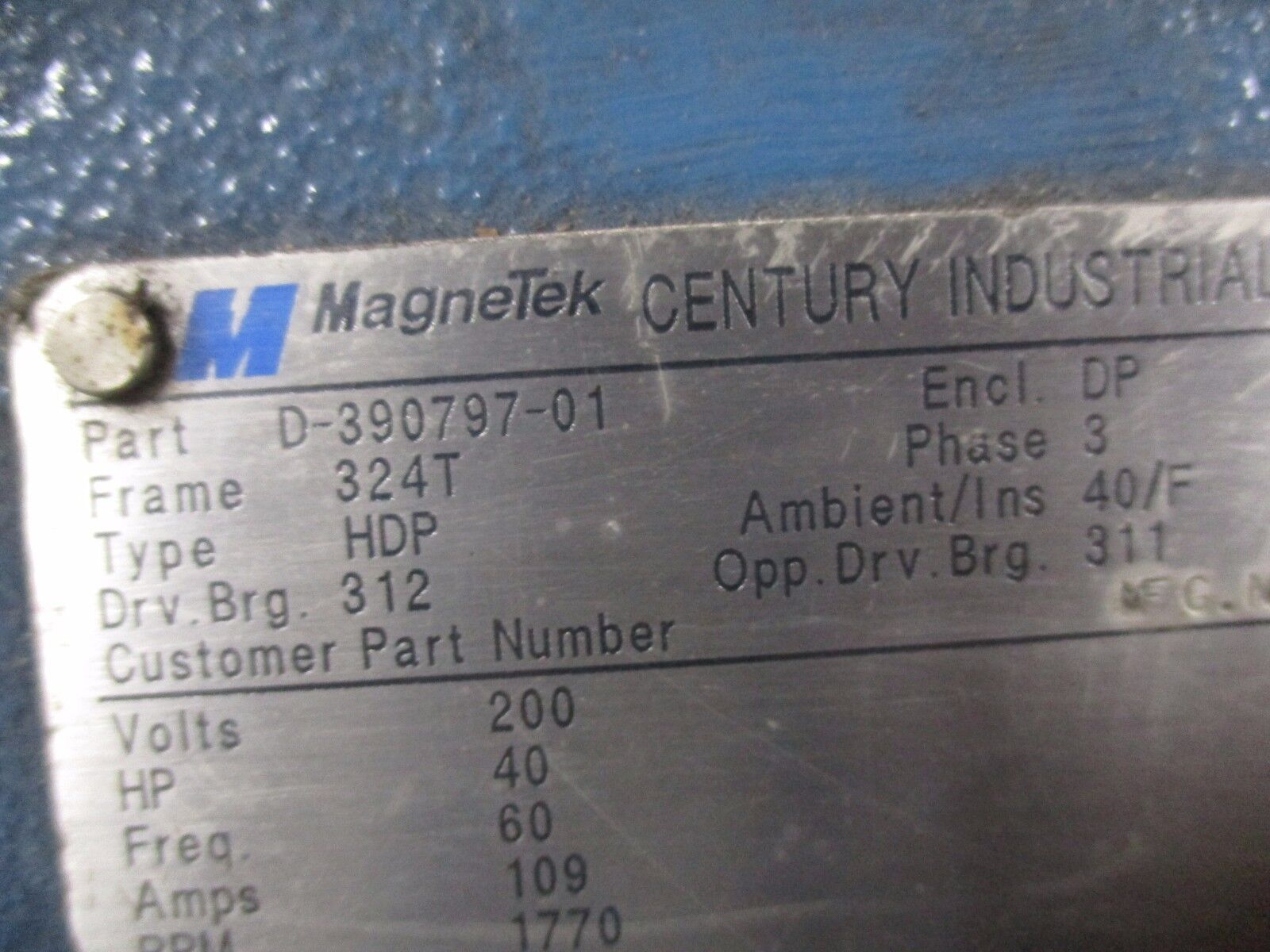 MagneTek Century Industrial AC Motor D-390797-01 40HP 1770RPM FR:324T Encl:DP