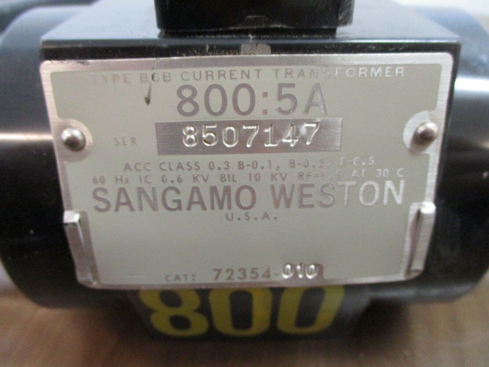 Sangamo Weston Type B6B Current Transformer 72354-010 Ratio 800:5A 600V 60Hz