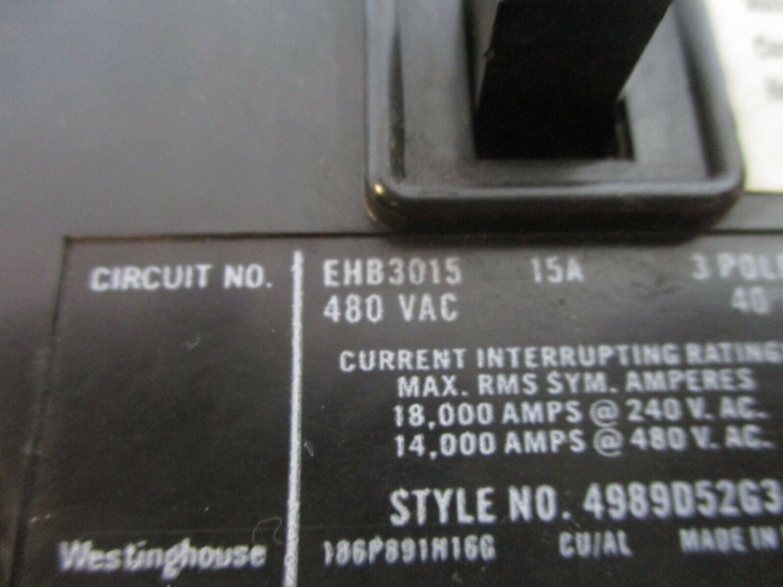 Westinghouse Circuit Breaker w/ Aux EHB3015 15A 480V 3P Used