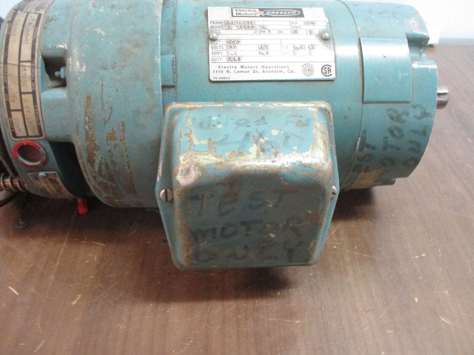 Dresser Motor w/ Brake 3E 37455 VK 3/4HP 1800RPM 230/460V 3.8/1.9A 3Ph 60Hz